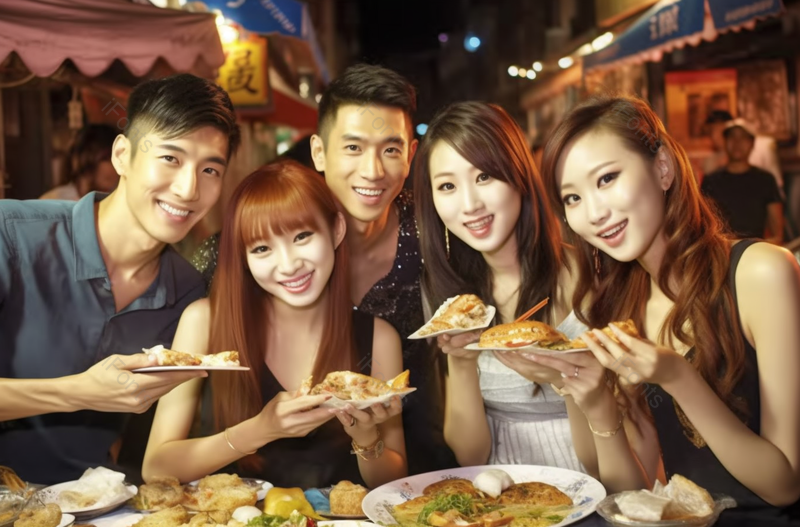 快乐的年轻人在香港的夜市上品尝小吃,高清,摄影图,摄影图片,图片大全,摄影图免费下载